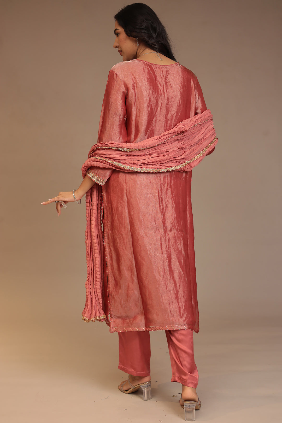 Tissue Suit with Aari, Sequins, Zardozi work.