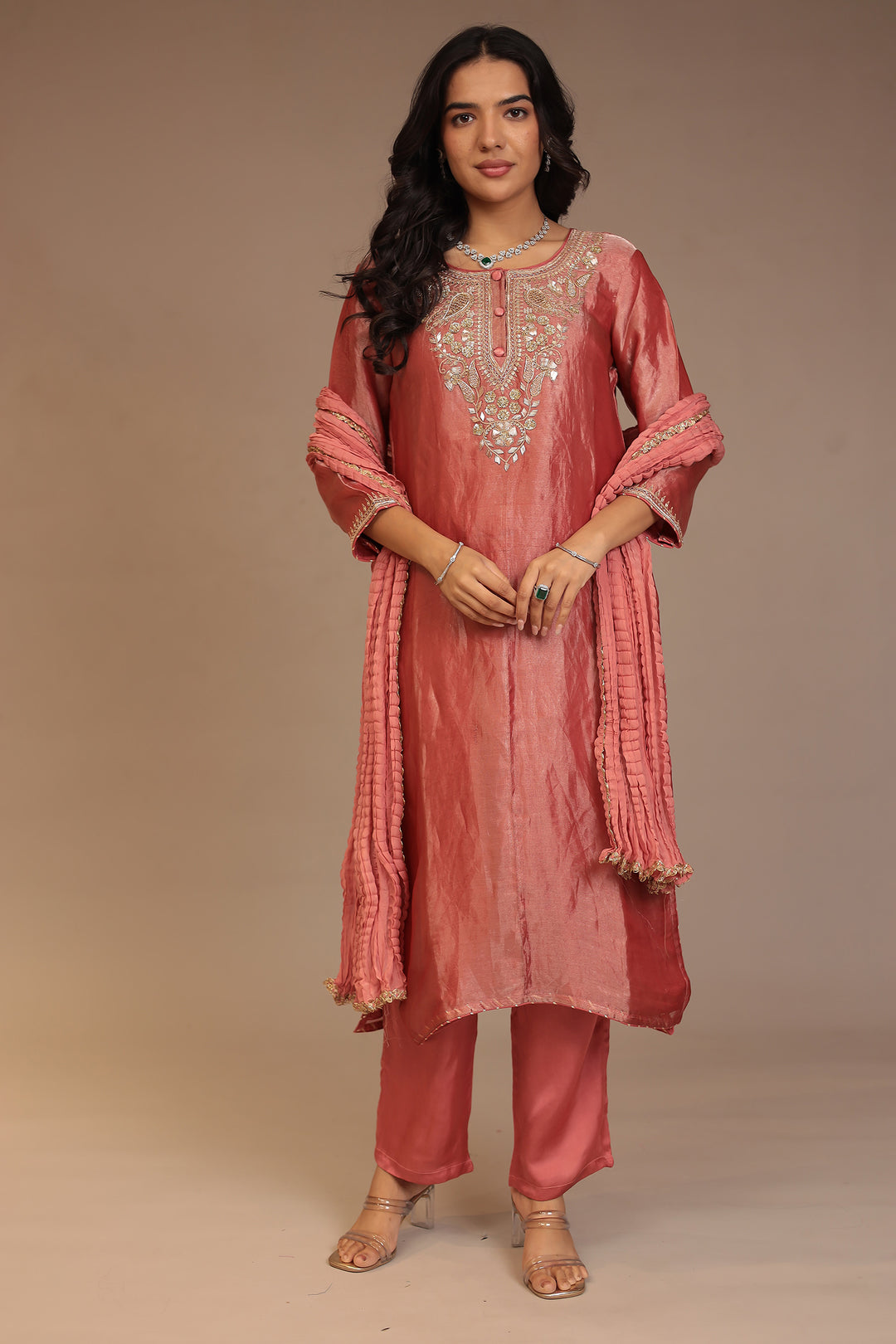 Tissue Suit with Aari, Cutdana, Gota Patti, Sequins work.