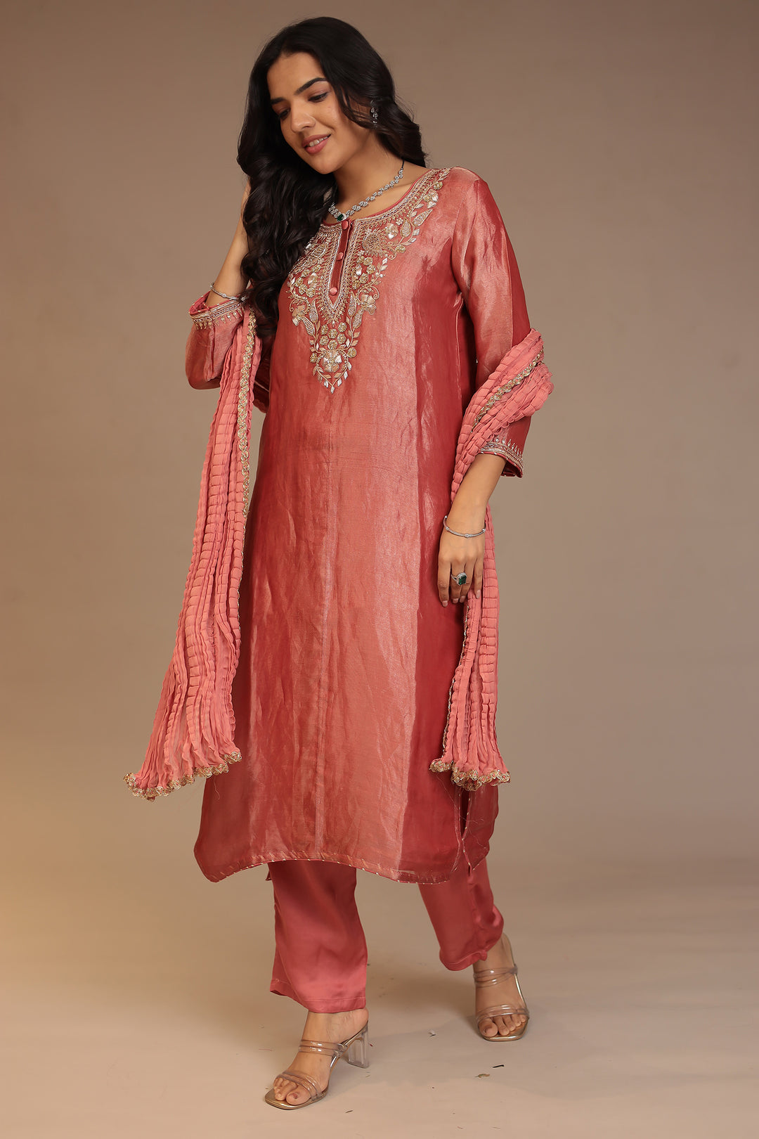 Tissue Suit with Aari, Sequins, Zardozi work.