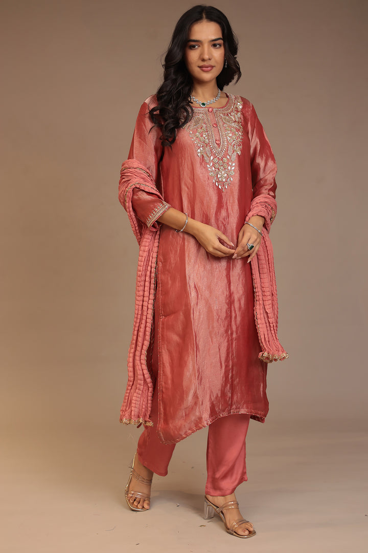 Tissue Suit with Aari, Cutdana, Gota Patti, Sequins work.