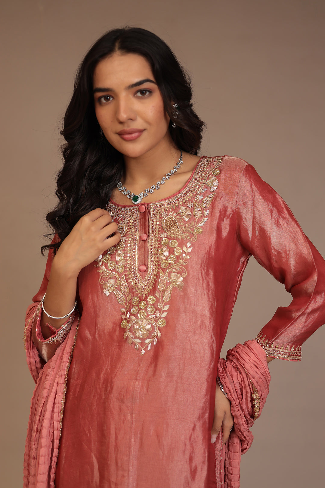 Tissue Suit with Aari, Cutdana, Gota Patti, Sequins work.