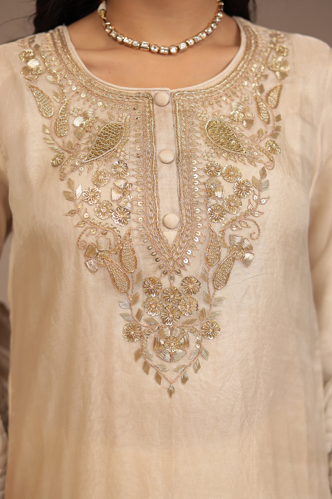 Tissue Suit with Aari, Sequins, Zardozi work.