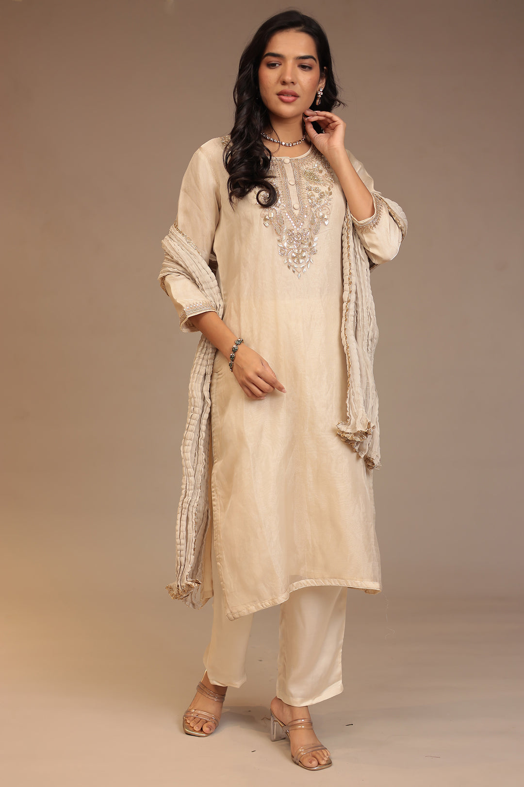 Tissue Suit with Aari, Sequins, Zardozi work.