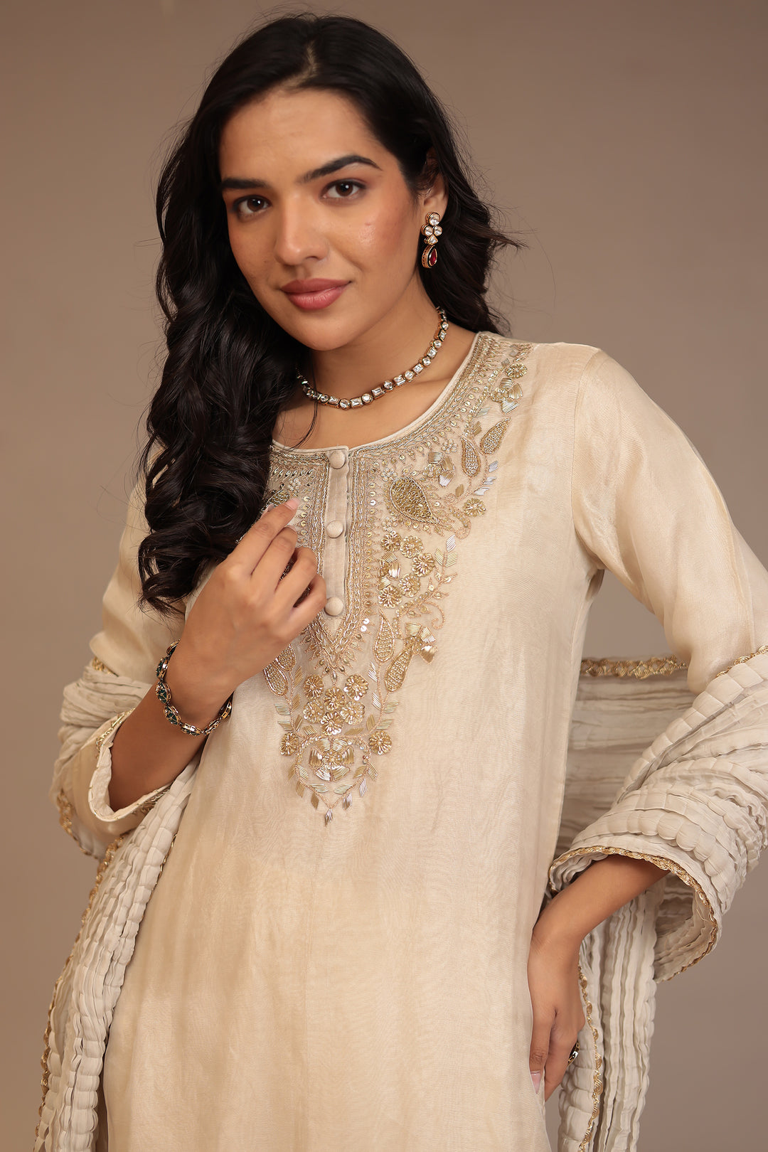 Tissue Suit with Aari, Cutdana, Gota Patti, Sequins work.