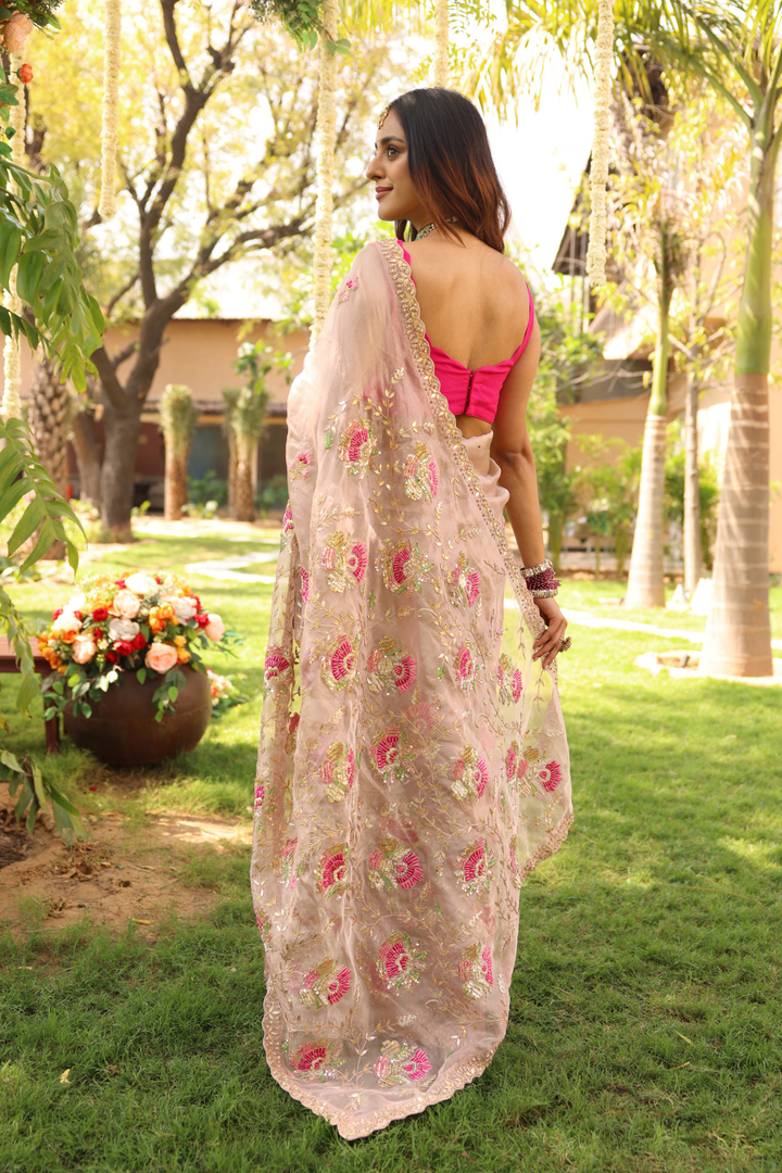 Tissue Saree  with Dori, Gota Patti, Sequins, Thread, Zardozi work.