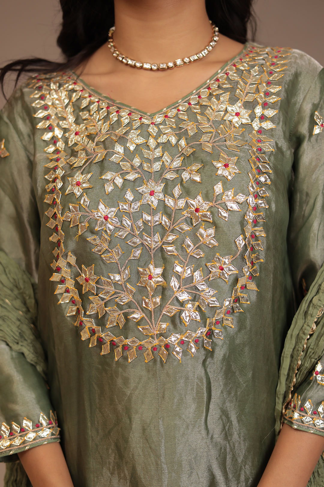 Tissue shimmer silk Suit with Gota Patti, Thread work.
