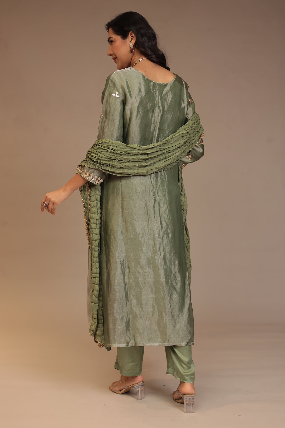 Tissue shimmer silk Suit with Gota, Gota Patti, Thread work.