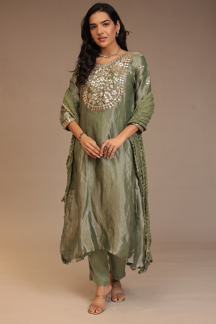 Tissue shimmer silk Suit with Gota, Gota Patti, Thread work.