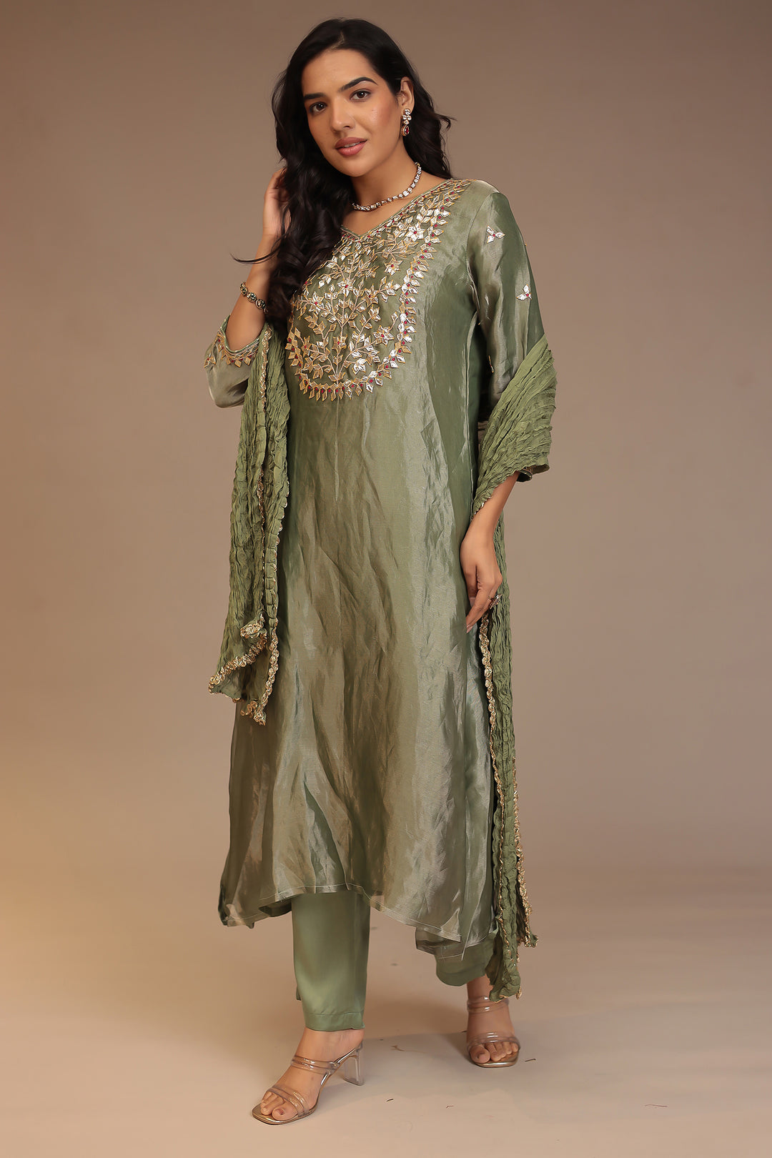 Tissue shimmer silk Suit with Gota, Gota Patti, Thread work.