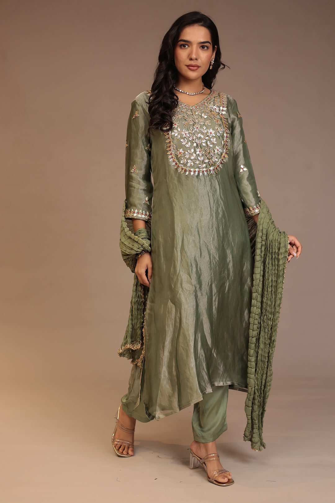 Tissue shimmer silk Suit with Gota Patti, Thread work.