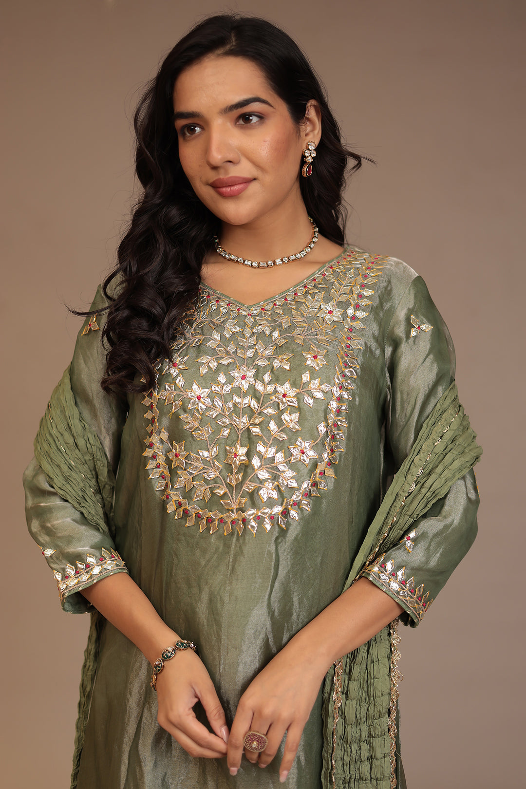 Tissue shimmer silk Suit with Gota, Gota Patti, Thread work.