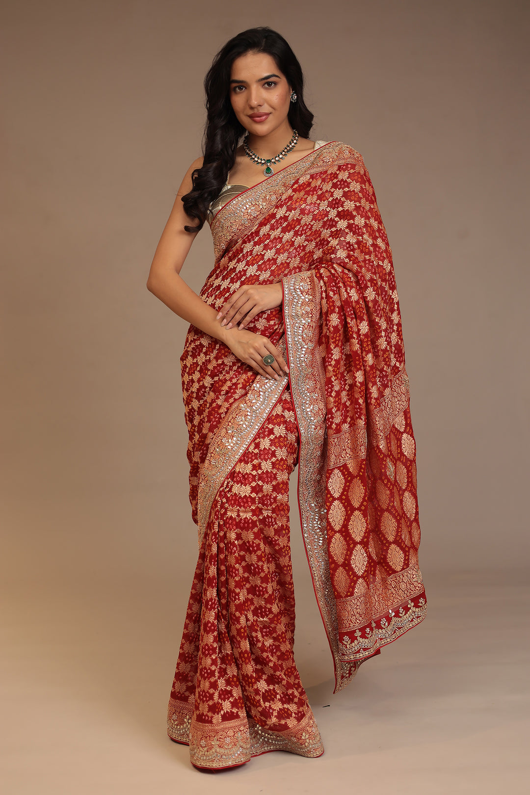 Bandhej Georgette Saree with Dori, Gota, Gota Patti, Pearl, Zardozi work.