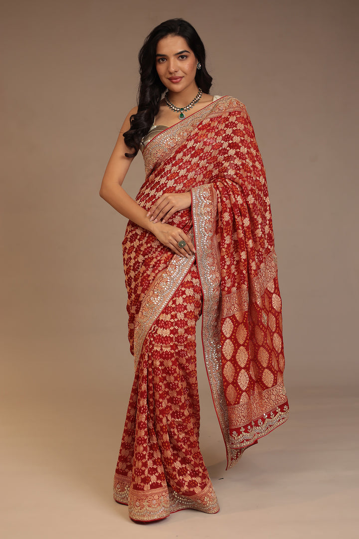 Bandhej Georgette Saree with Dori, Gota, Gota Patti, Pearl, Zardozi work.