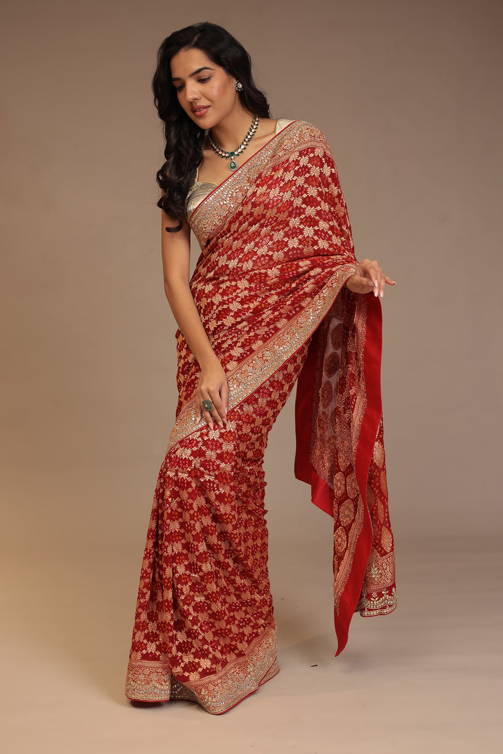 Bandhej Georgette Saree with Dori, Gota, Gota Patti, Pearl, Zardozi work.