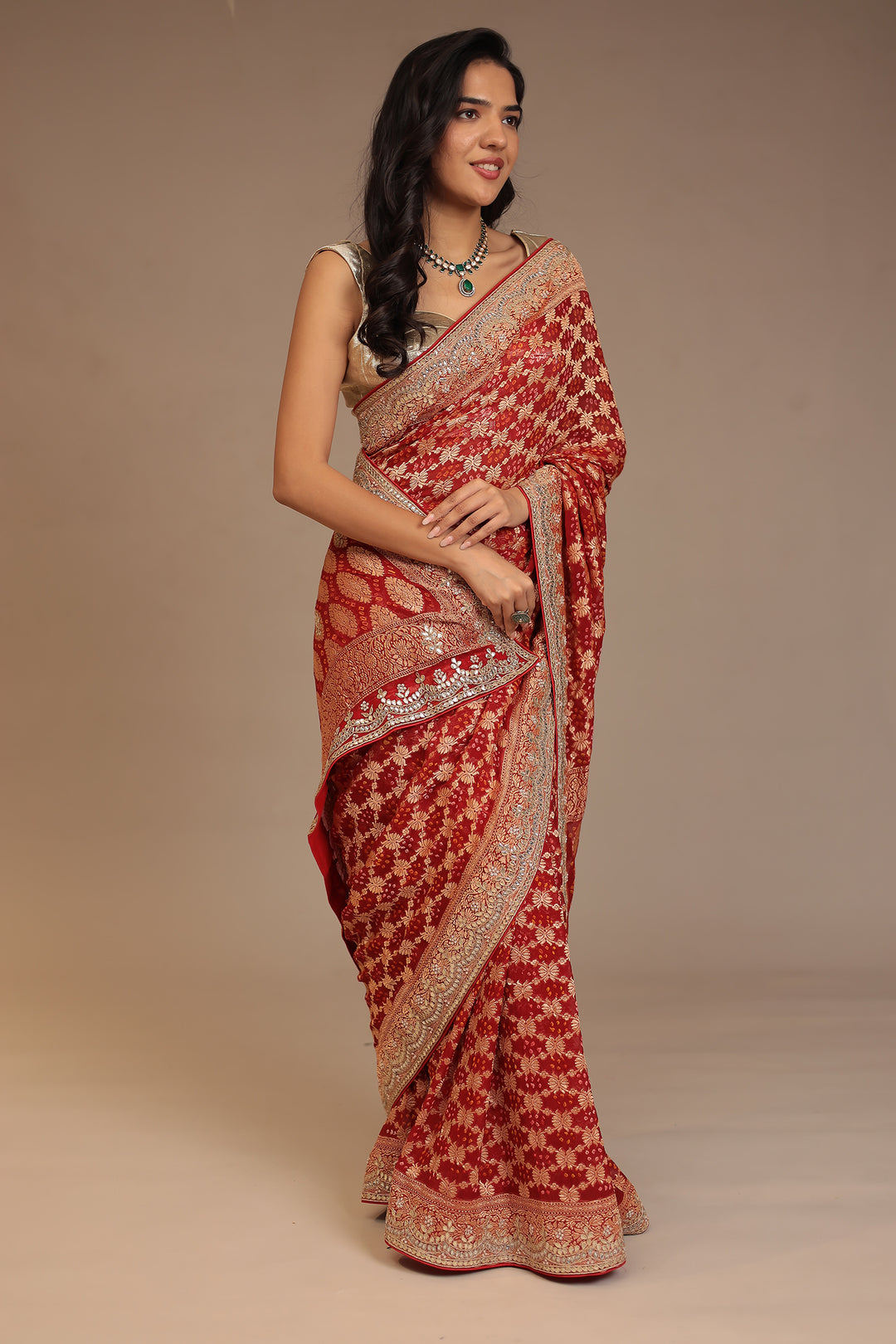 Bandhej Georgette Saree with Dori, Gota, Gota Patti, Pearl, Zardozi work.