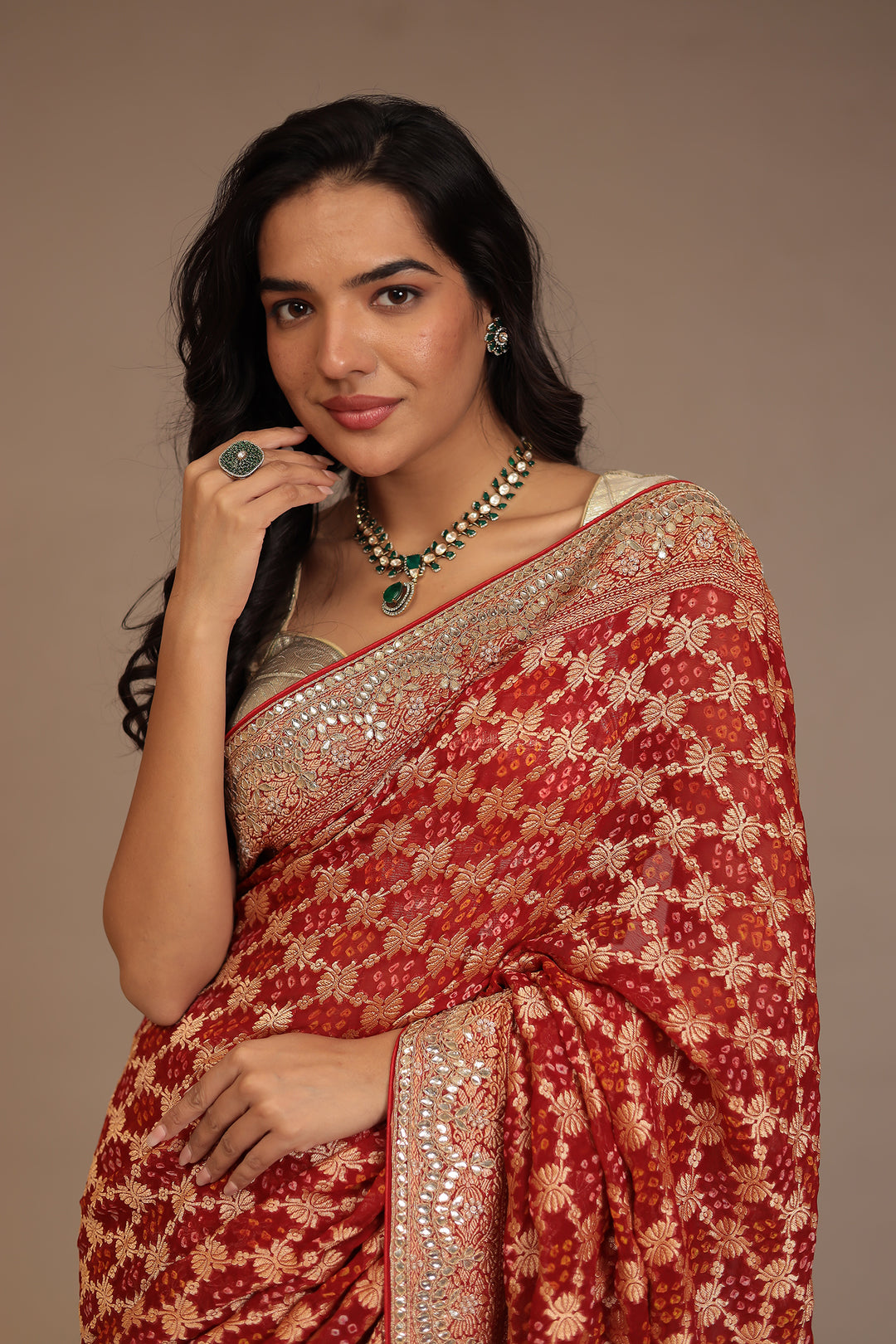Bandhej Georgette Saree with Dori, Gota, Gota Patti, Pearl, Zardozi work.