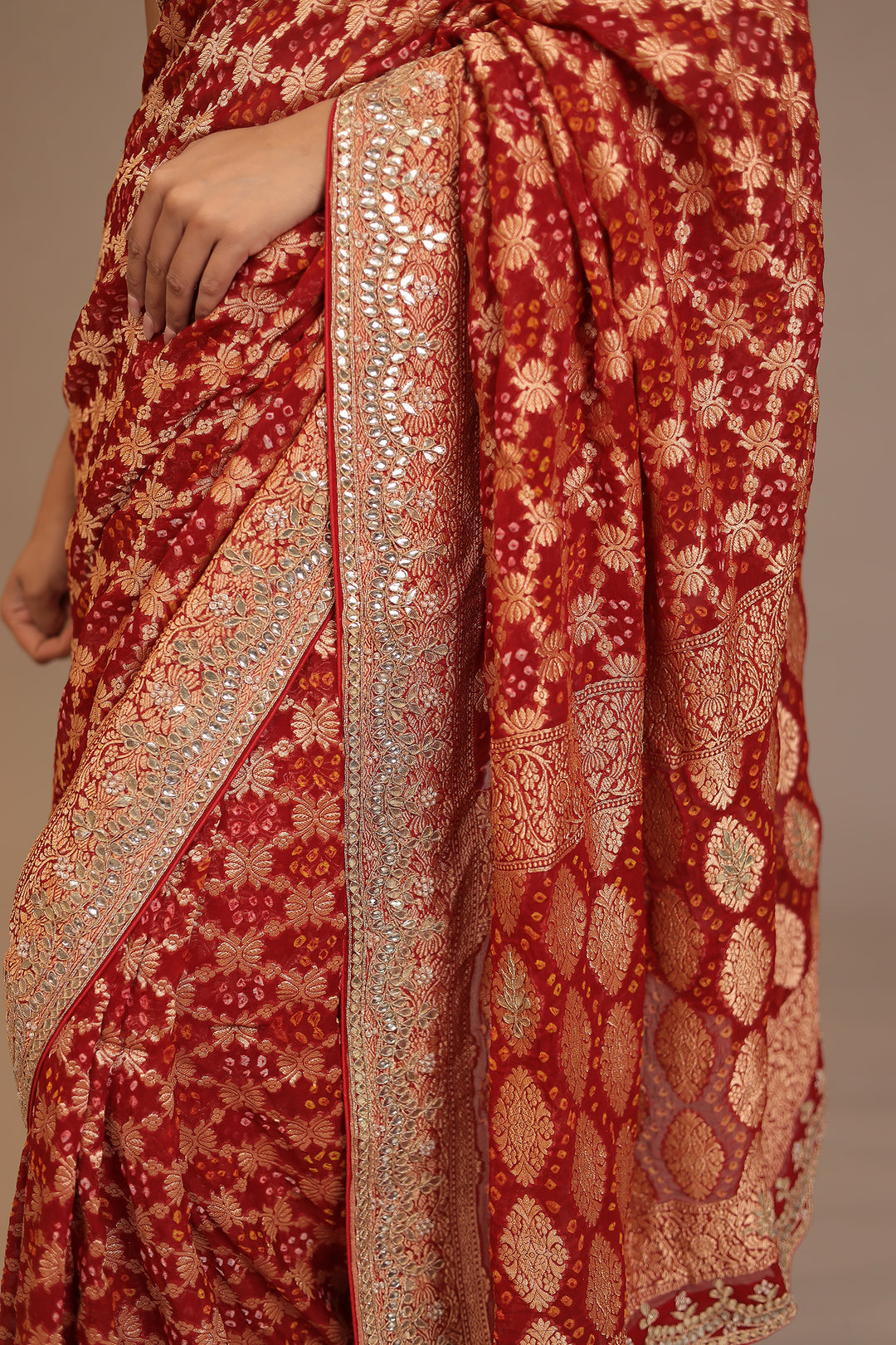 Bandhej Georgette Saree with Dori, Gota, Gota Patti, Pearl, Zardozi work.