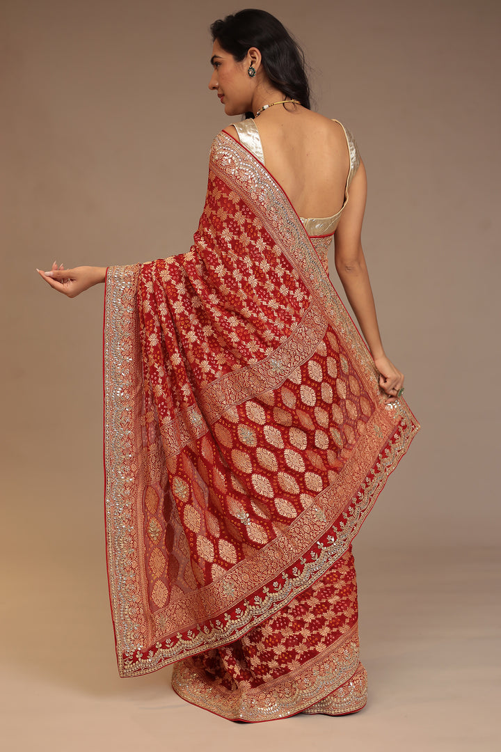 Bandhej Georgette Saree with Dori, Gota, Gota Patti, Pearl, Zardozi work.