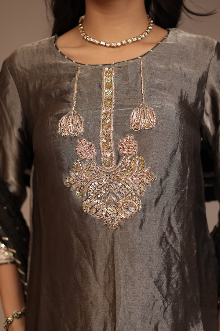 Tissue Suit with Gota, Sequins, Zardozi work.