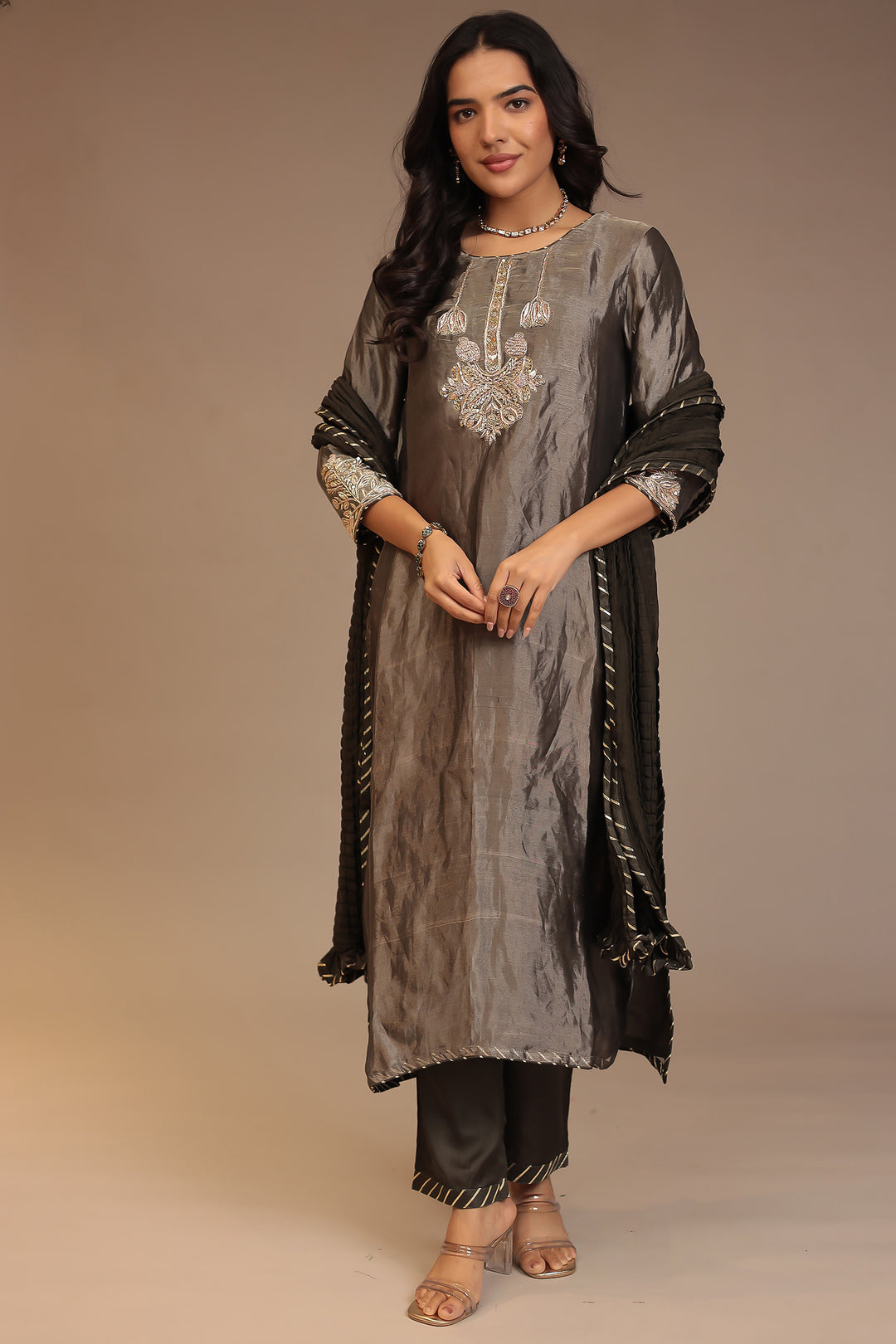 Tissue Suit with Gota, Sequins, Zardozi work.