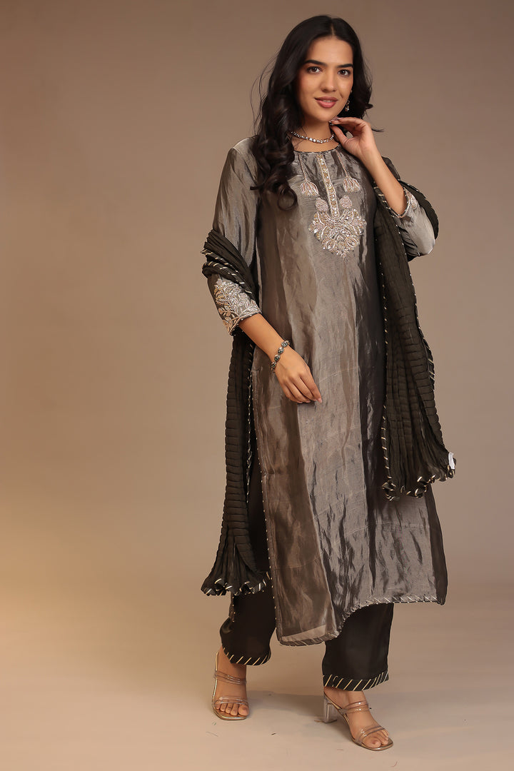 Tissue Suit with Gota, Sequins, Zardozi work.