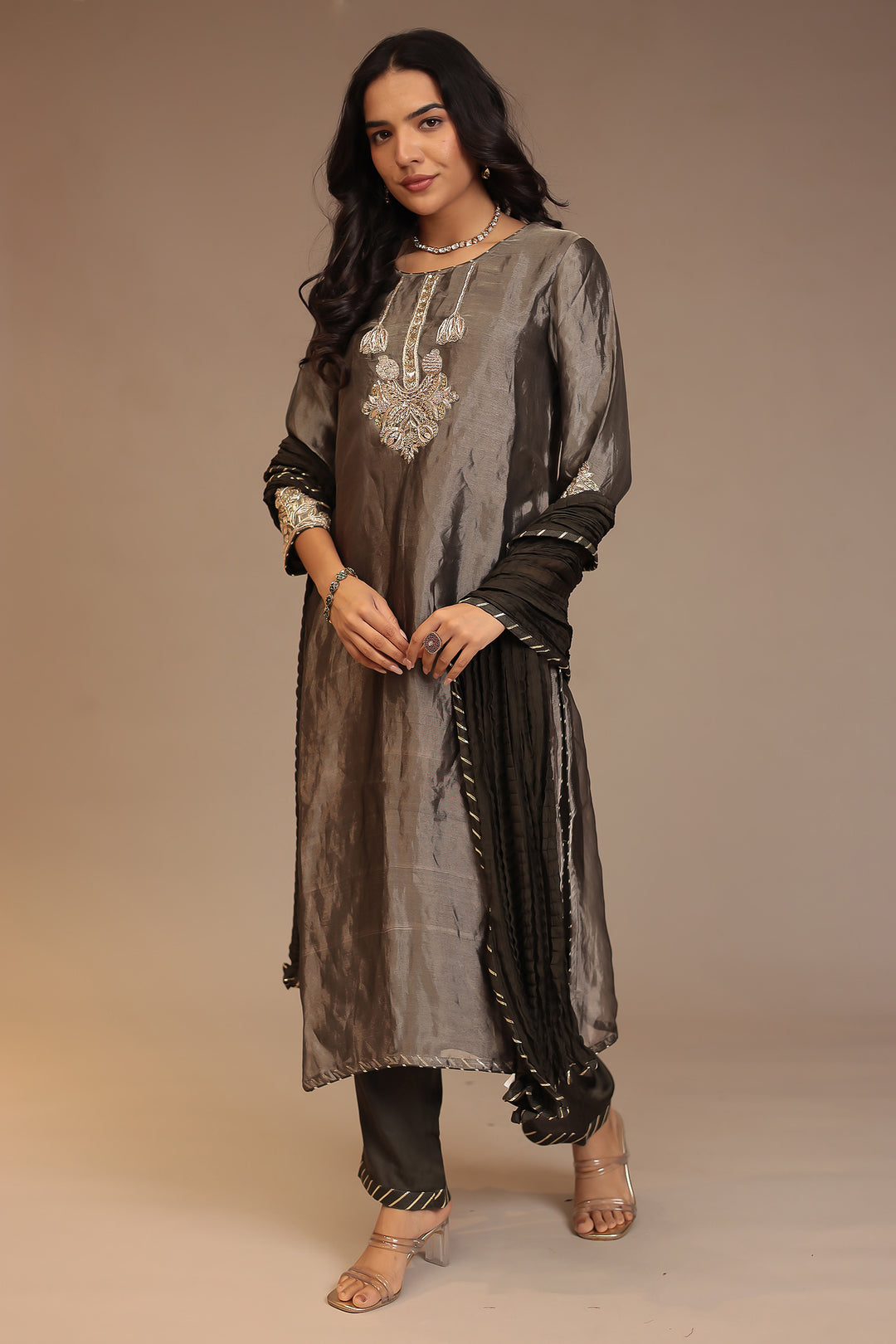 Tissue Suit with Gota, Sequins, Zardozi work.