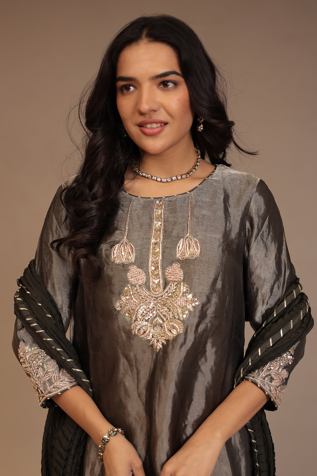 Tissue Suit with Gota, Sequins, Zardozi work.