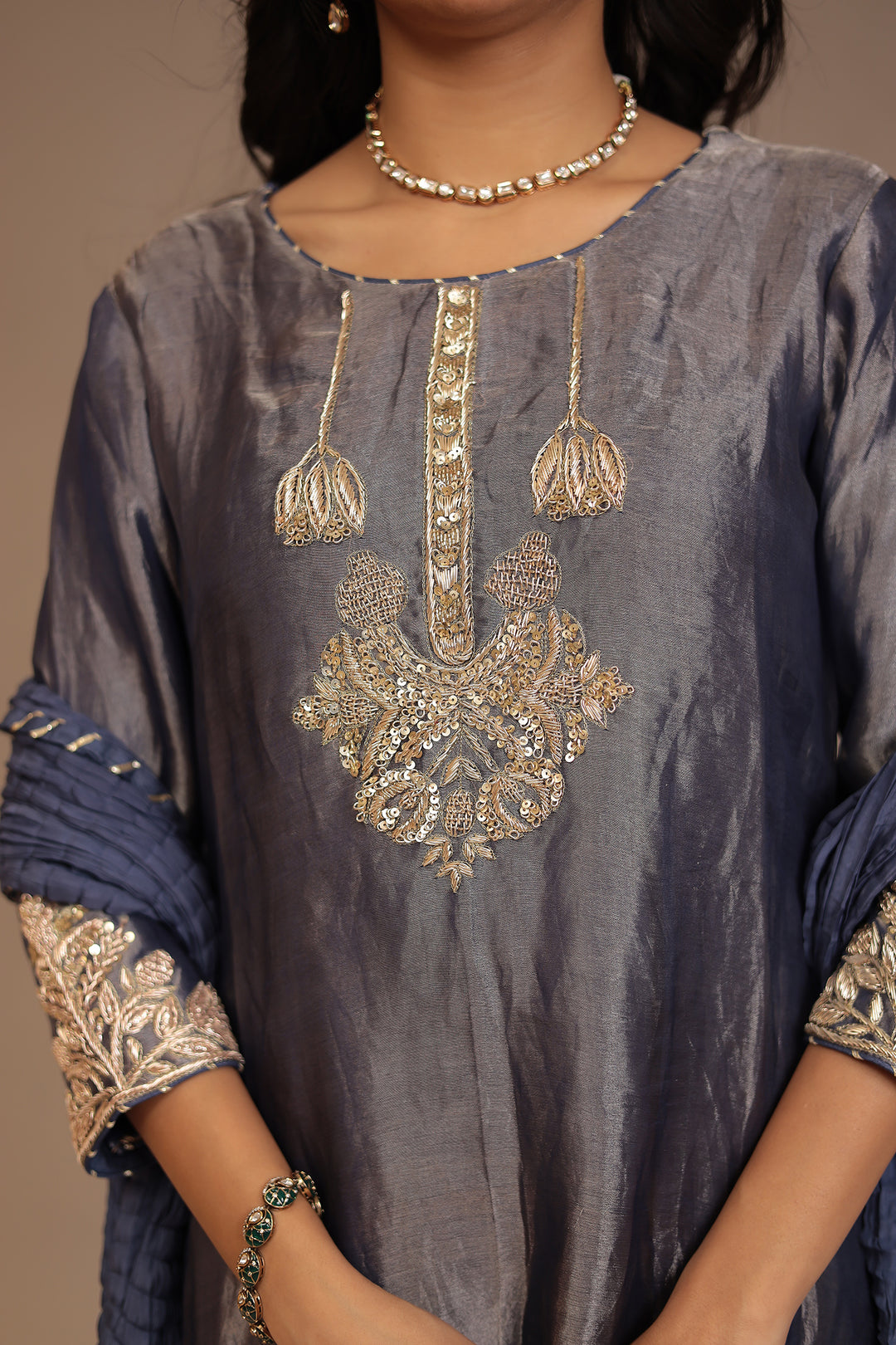 Tissue Suit with Gota, Sequins, Zardozi work.