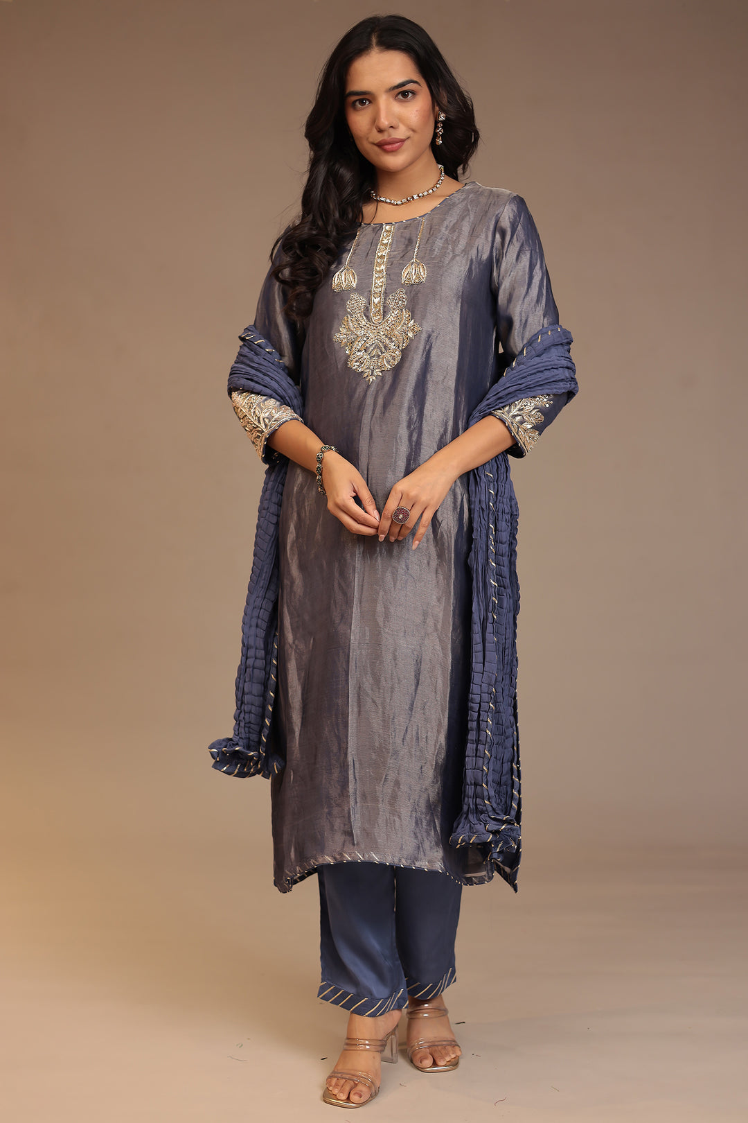 Tissue Suit with Gota, Sequins, Zardozi work.