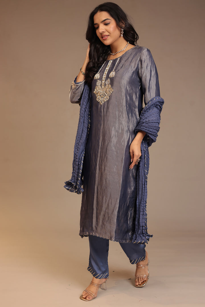 Tissue Suit with Gota, Sequins, Zardozi work.