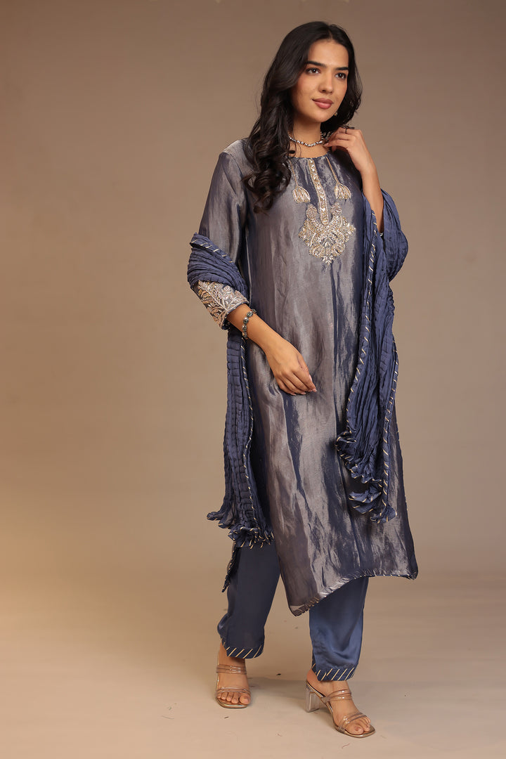 Tissue Suit with Gota, Sequins, Zardozi work.