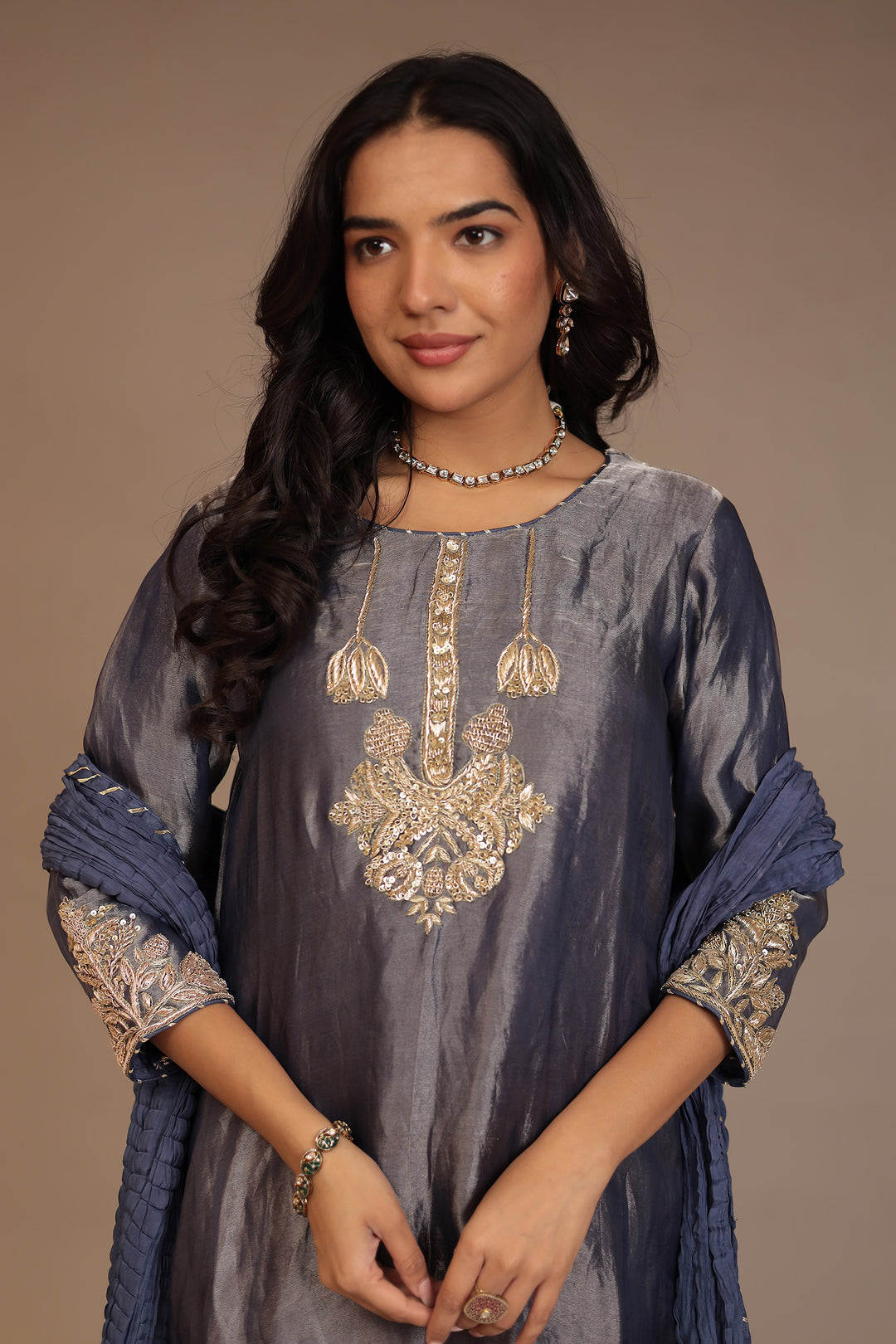 Tissue Suit with Gota, Sequins, Zardozi work.