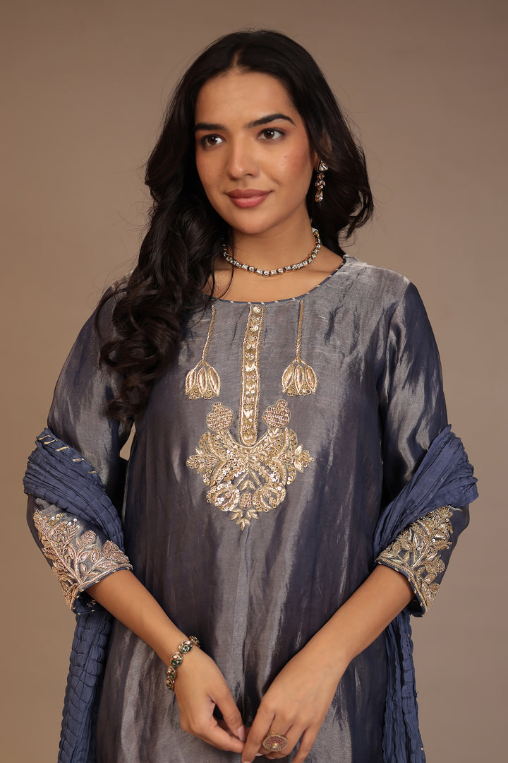 Tissue Suit with Gota, Sequins, Zardozi work.