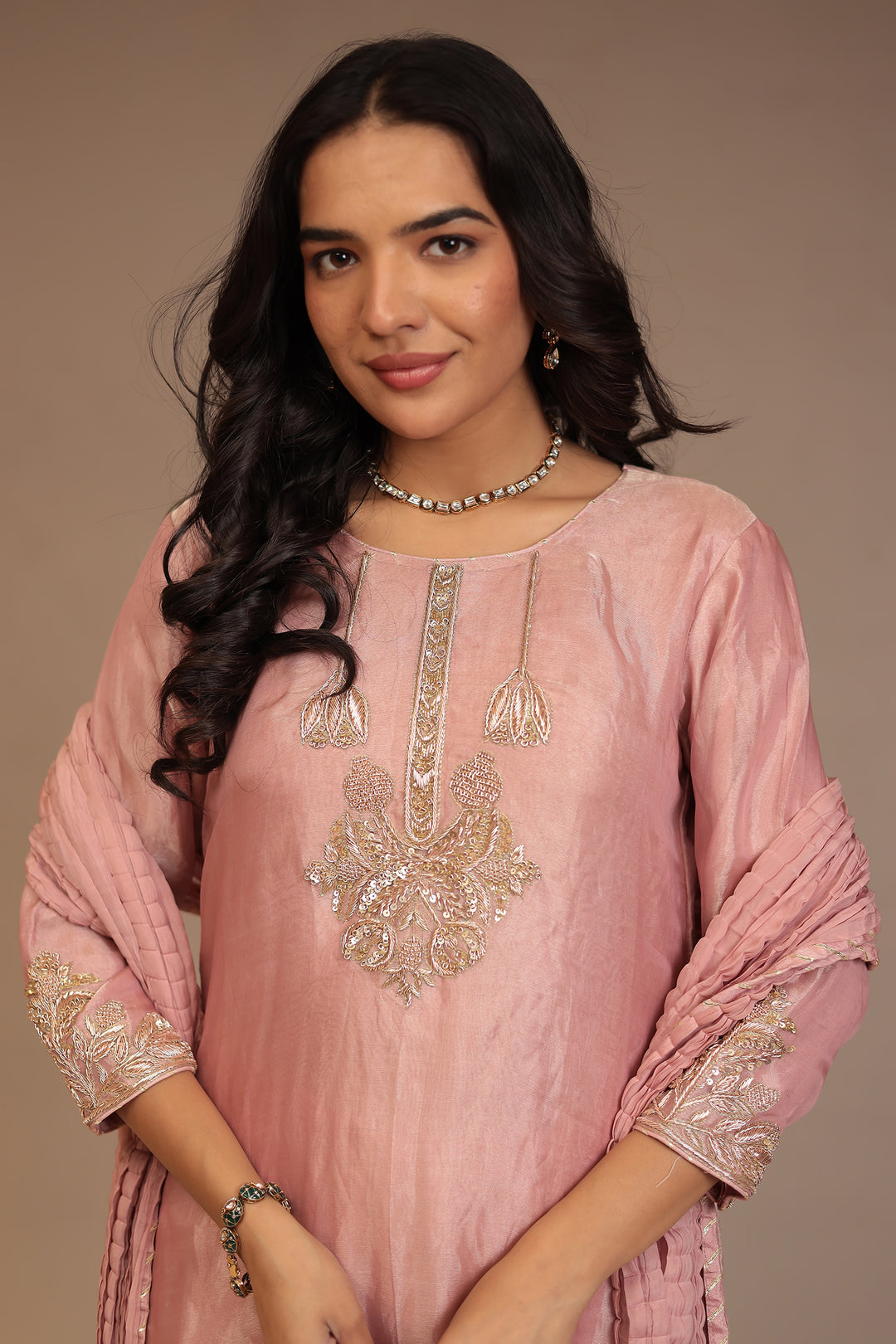 Tissue Suit with Gota, Sequins, Zardozi work.