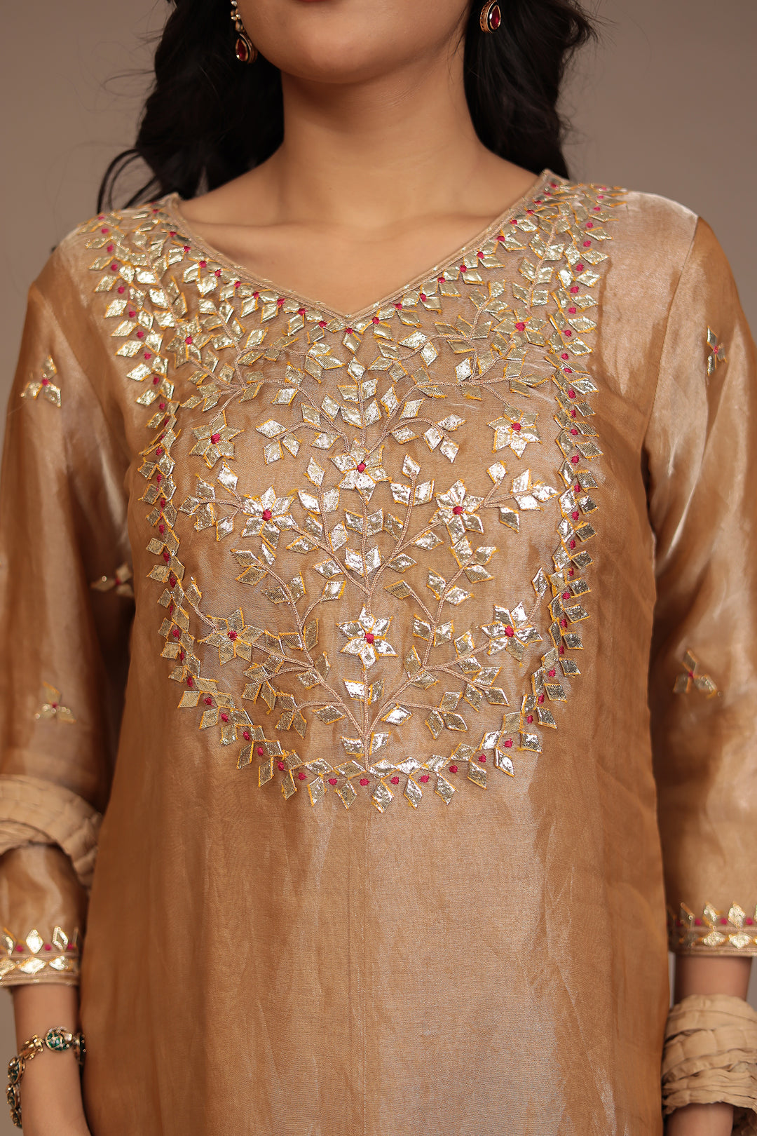Tissue shimmer silk Suit with Gota Patti, Thread work.