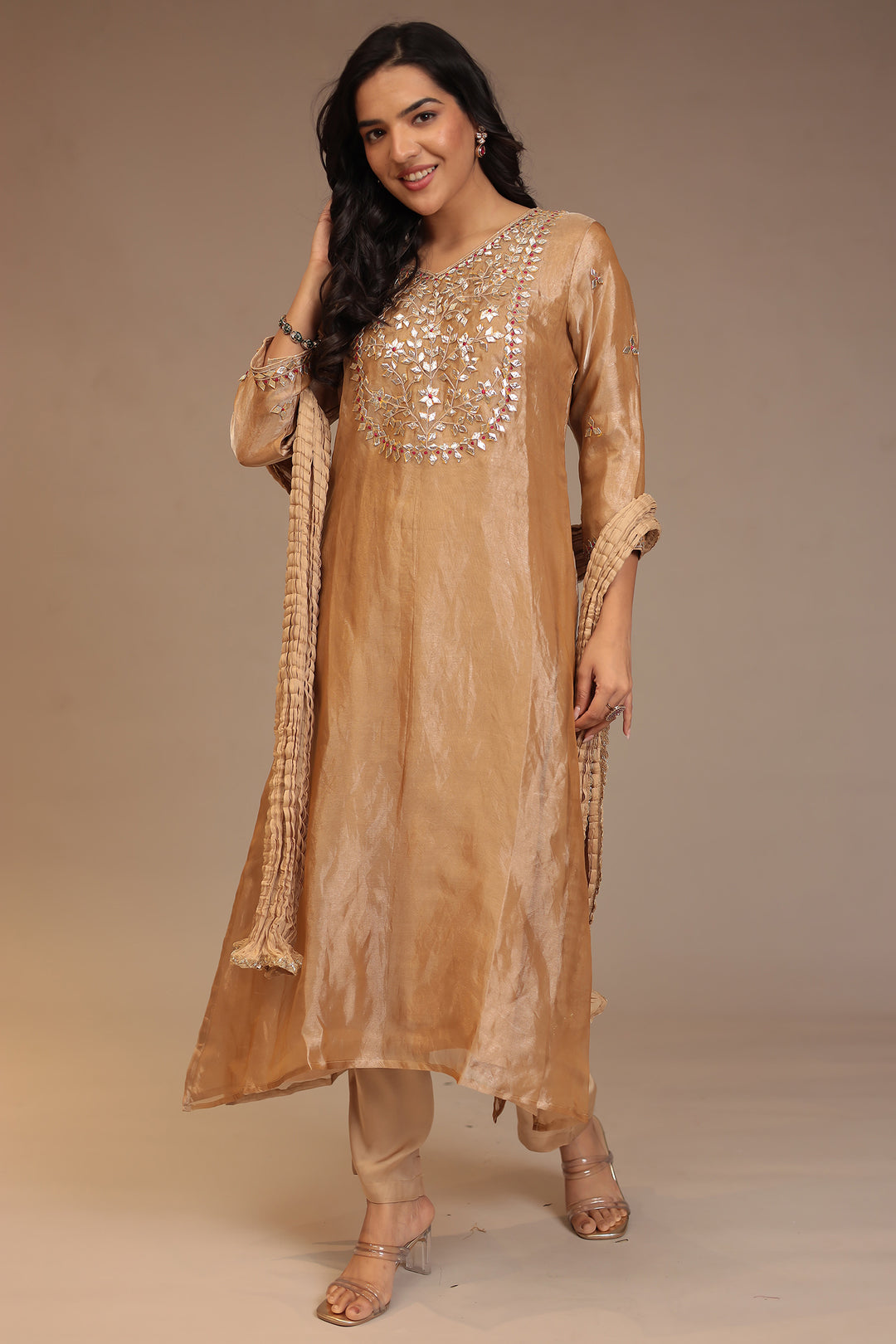 Tissue shimmer silk Suit with Gota, Gota Patti, Thread work.