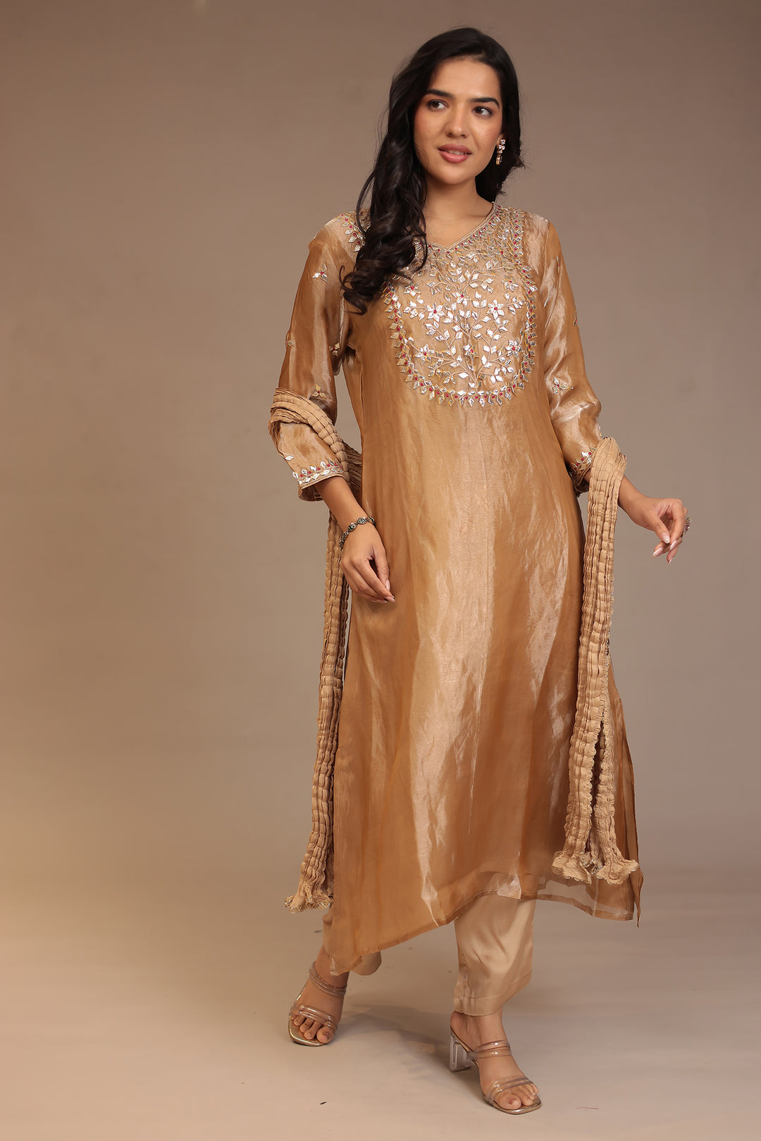 Tissue shimmer silk Suit with Gota, Gota Patti, Thread work.