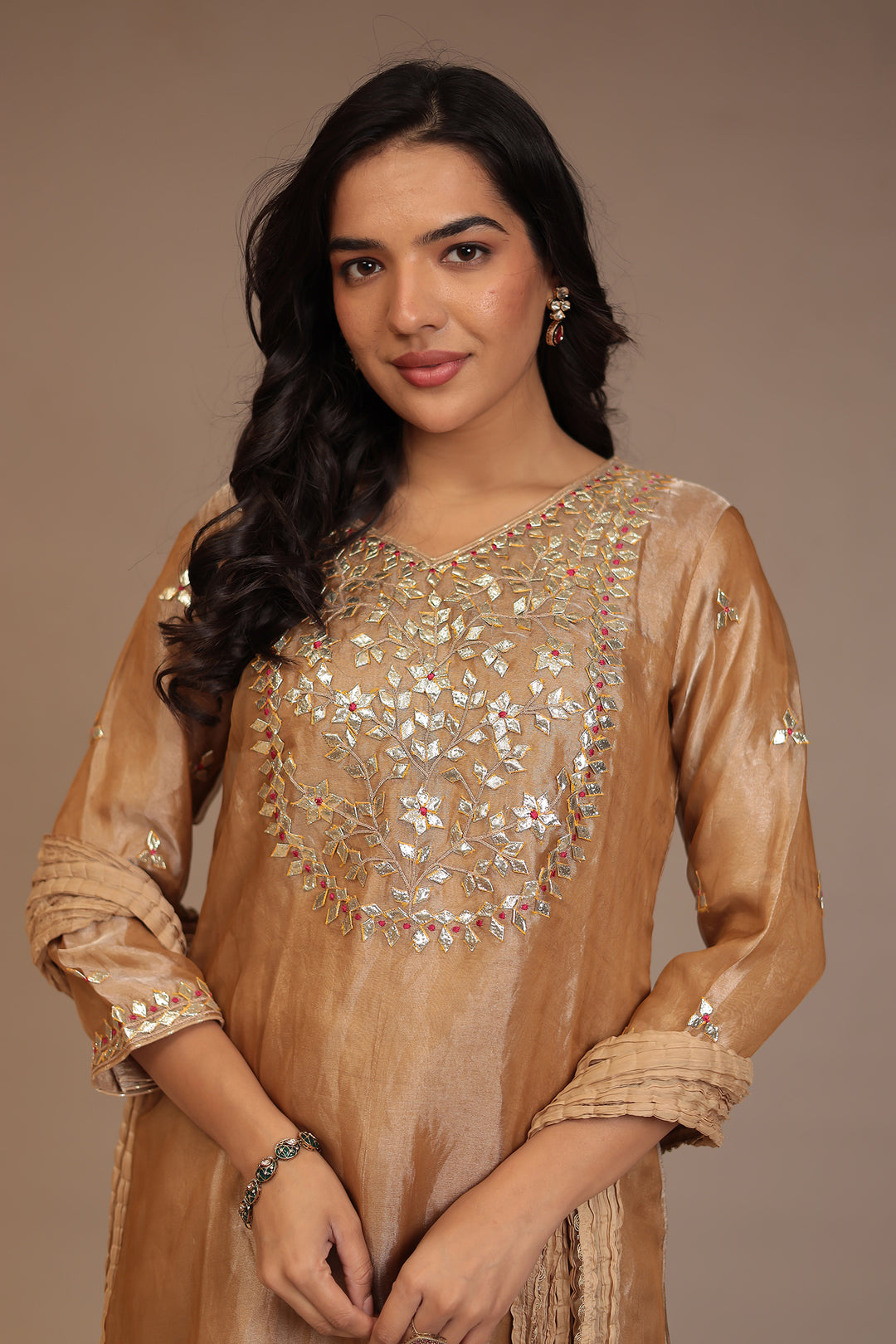 Tissue shimmer silk Suit with Gota, Gota Patti, Thread work.