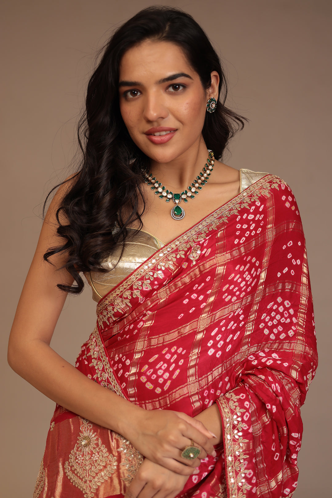 Bandhej Ghatchola Gajji silk Saree with Dori, Gota Patti work.