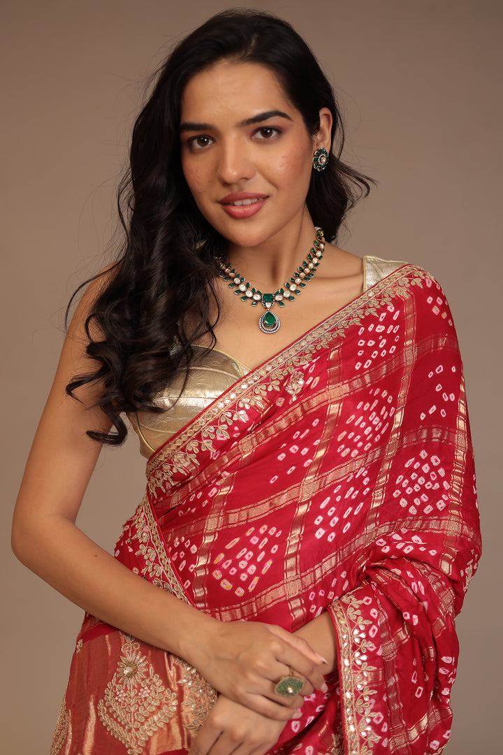 Bandhej Ghatchola Gajji silk Saree with Dori, Gota Patti work.