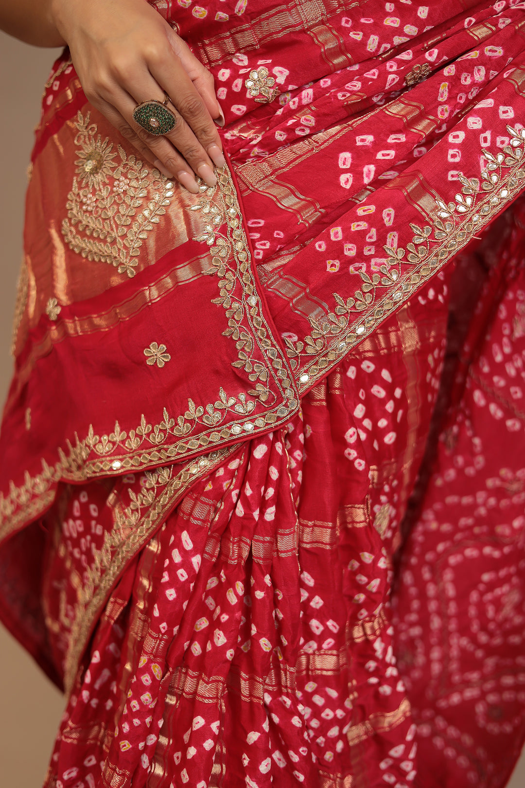Bandhej Ghatchola Gajji silk Saree with Dori, Gota Patti work.