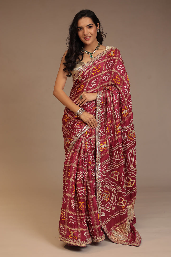 Bandhej Ghatchola Gajji silk Saree with Dori, Gota Patti, Pearl work.