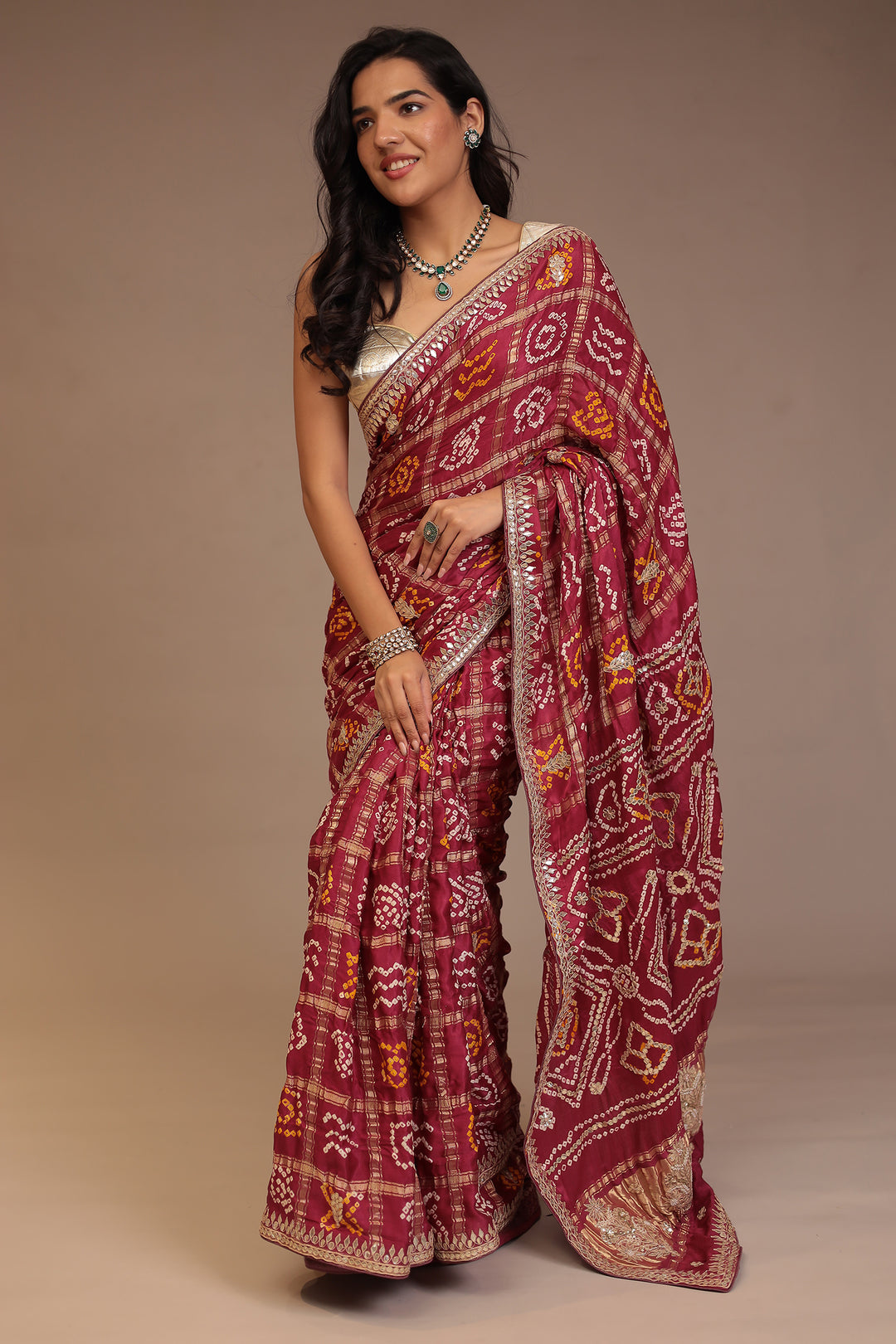 Bandhej Ghatchola Gajji silk Saree with Dori, Gota Patti, Pearl work.