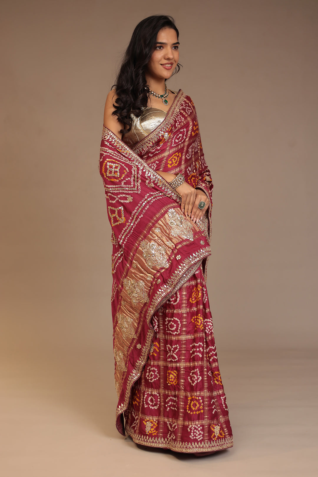 Bandhej Ghatchola Gajji silk Saree with Dori, Gota Patti, Pearl work.