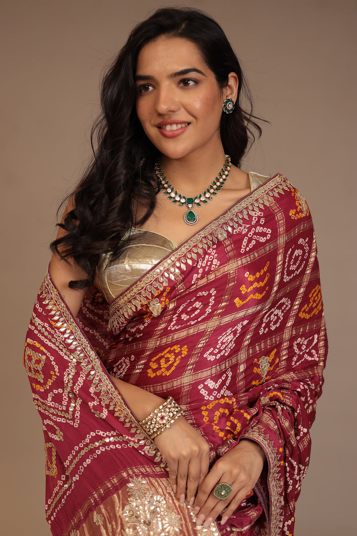 Bandhej Ghatchola Gajji silk Saree with Dori, Gota Patti, Pearl work.