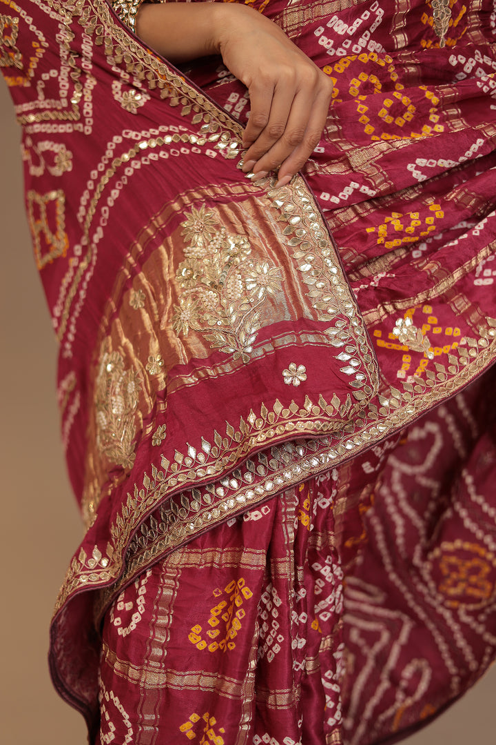 Bandhej Ghatchola Gajji silk Saree with Dori, Gota Patti, Pearl work.