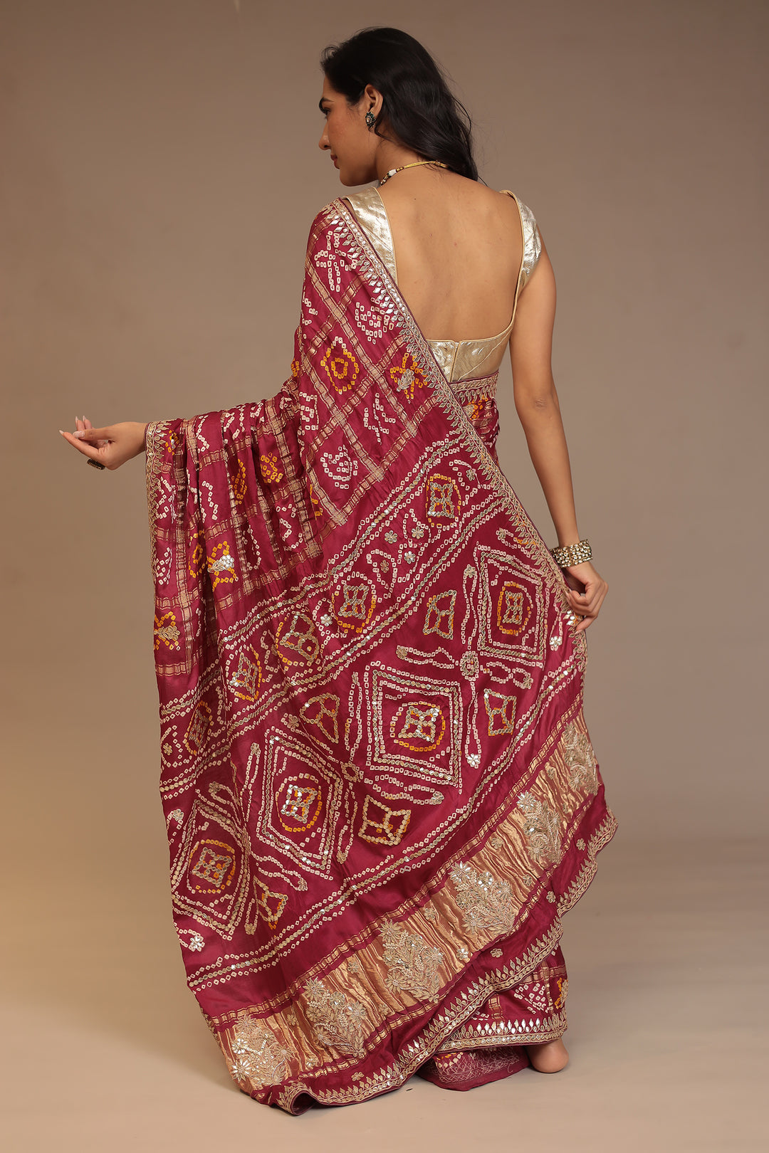 Bandhej Ghatchola Gajji silk Saree with Dori, Gota Patti, Pearl work.