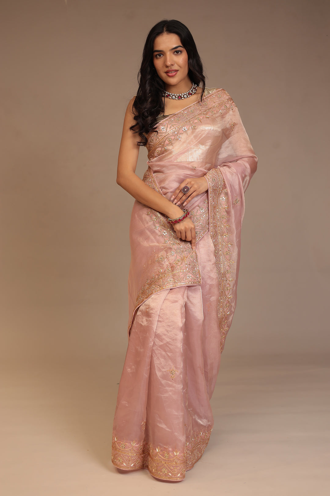Tissue Saree with Dori, Gota Patti, Sequins work.