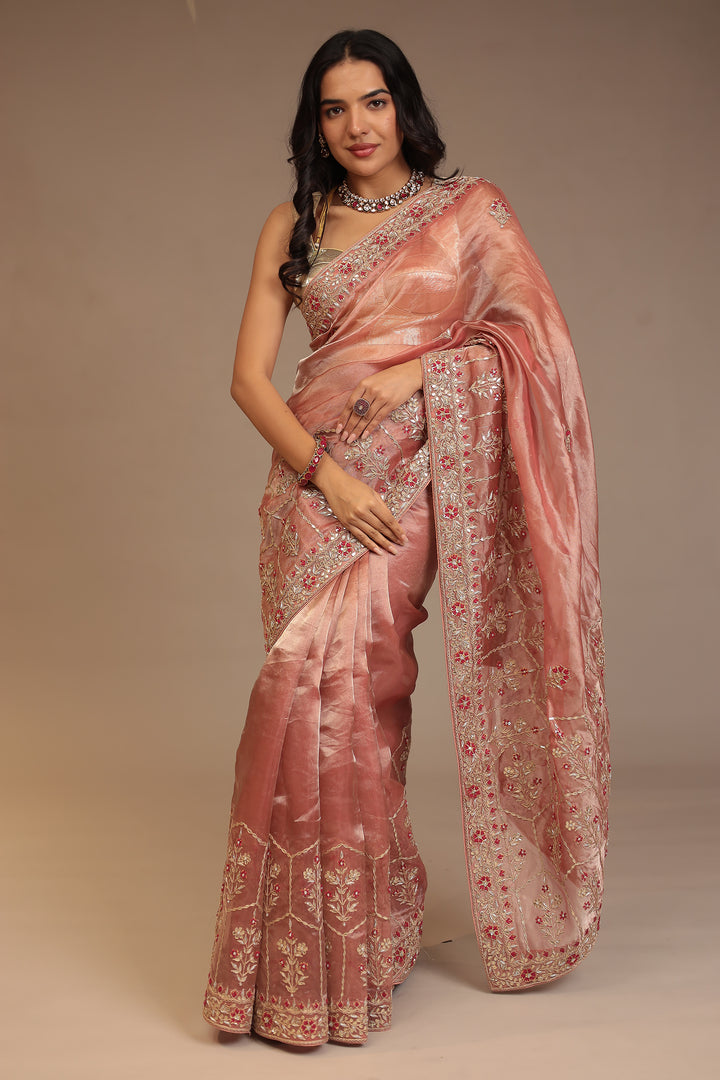 Tissue Saree with Aari, Gota Patti, Sequins, Thread, Zardozi work.