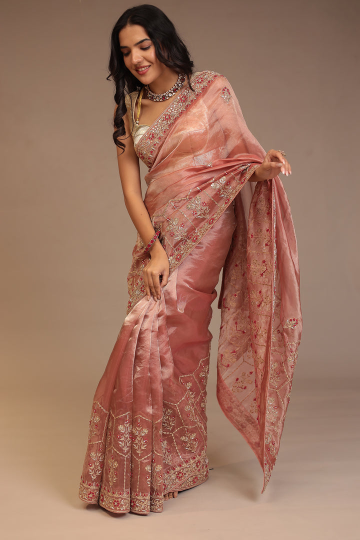 Tissue Saree with Aari, Gota Patti, Sequins, Thread, Zardozi work.